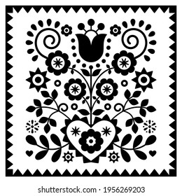 Floral monochrome folk art vector design in square frame from Nowy Sacz in Poland inspired by traditional highlanders embroidery Lachy Sadeckie. Polish ornament in black and white with flowers, swirls