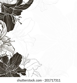 Floral monochrome frame with lilies. Flower background can be used as an invitation or greeting card.Vector illustration with space for text.