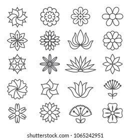Floral monochrome pictures for logos design. Floral flower line art. Vector outline bloom plant illustration