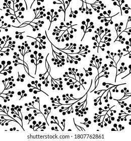 Floral monochrome seamless pattern with berries. Vector illustration.