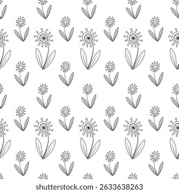Floral monochrome seamless pattern in country style. Simple decorative ornament on white background. Fantasy round flowers with black contour. Alternating horizontal rows of flowers.