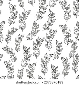 Floral monochrome seamless pattern with line leaves. Doodle outline plants on white background