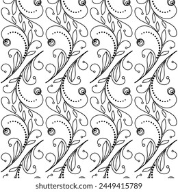 Floral monochrome seamless pattern in modern style. Delicate design of swirls and curved lines. Minimalist graphic background. Coloring page. Vector illustration for design projects and cards.