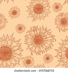 Floral monochrome seamless pattern with sunflowers  on beige background