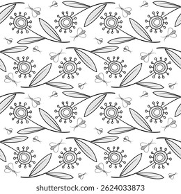Floral monochrome seamless pattern in zentangle style. Isolated light decorative ornament on white background. Unusual fantasy round flowers with clear black contour. Cute childish plant design.