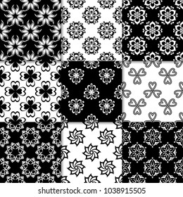 Floral monochrome seamless patterns. Backgrounds with fower elements for wallpapers.