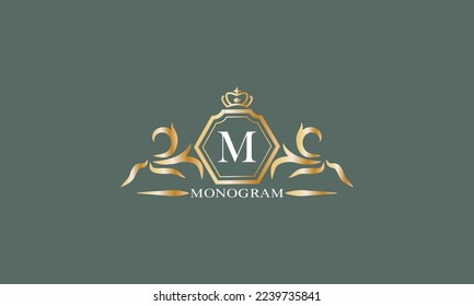 Floral monogram with alphabet letter M. Logo for company brand, business icon design template