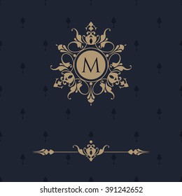 Floral monogram and border for cards, invitations, menus, labels. Graphic design pages, business sign, boutiques, cafes, hotels. Classic design elements for wedding invitations. 