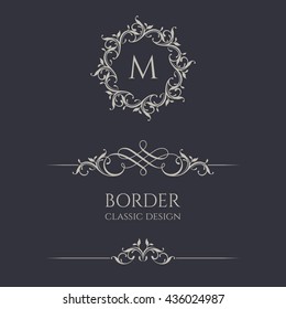 Floral monogram and border. Graphic design pages, business sign, boutiques, cafes, hotels. Classic design elements for wedding invitations. 