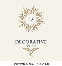 Floral monogram and border. Graphic design pages, business sign, boutiques, cafes, hotels. Classic design elements for wedding invitations. 