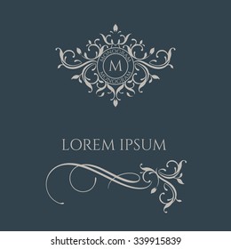 Floral monogram and border. Template for cards, invitations, menus, labels. Graphic design pages, business sign, boutiques, cafes, hotels. Classic design elements for wedding invitations. 