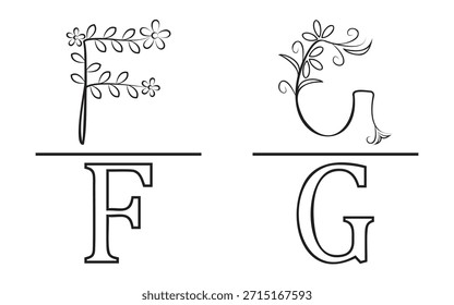 Diseño de monograma floral con letra f y g con adornos botánicos.