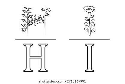 Diseño de monograma floral con las letras h y i en un estilo minimalista.