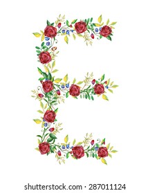floral monogram E painted with watercolor