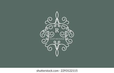 Floral monogram with initial letter R and space for text. A classic decorative element. Decorative border.