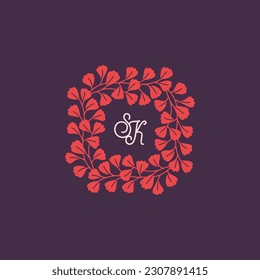 Floral monogram with leaves. Botanical composition. Vector illustration.