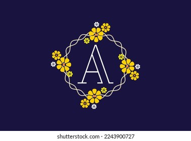 Letra A del monograma floral. Alfabeto inicial con elementos botánicos. Diseño vectorial del alfabeto floral