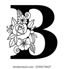 Floral Monogram Letter B with Flowers and Leaves. Botanical Alphabet Typography Family Sign