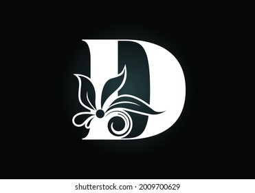 Floral monogram letter D. Initial alphabet with botanical elements. Font emblem. Vector illustration for wedding invitations, greeting cards, logos, posters, and other designs.
