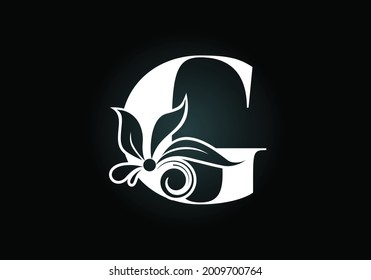 Letra G del monograma floral. Alfabeto inicial con elementos botánicos. emblema de letra. Ilustración vectorial para invitaciones de boda, tarjetas de felicitación, logotipos, afiches y otros diseños.