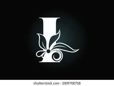 Letra I del monograma floral. Alfabeto inicial con elementos botánicos. emblema de letra. Ilustración vectorial para invitaciones de boda, tarjetas de felicitación, logotipos, afiches y otros diseños.