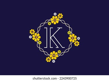 Floral monogram letter K. Initial alphabet with botanical elements. Floral alphabet vector design