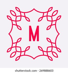 Floral monogram with letter M. Outline abstract background. Trendy alphabet symbol. Flourish monogram design template. Modern lineart logo design. Vector illustration