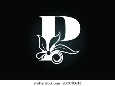 Floral monogram letter P. Initial alphabet with botanical elements. Font emblem. Vector illustration for wedding invitations, greeting cards, logos, posters, and other designs.