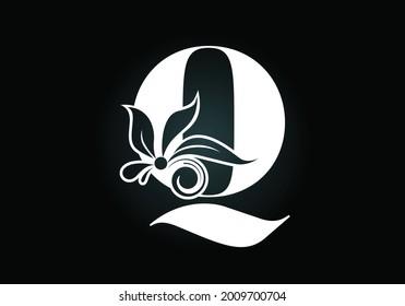 Floral monogram letter Q. Initial alphabet with botanical elements. Font emblem. Vector illustration for wedding invitations, greeting cards, logos, posters, and other designs.