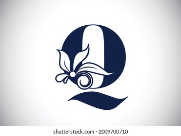 Floral monogram letter Q. Initial alphabet with botanical elements. Font emblem. Vector illustration for wedding invitations, greeting cards, logos, posters, and other designs.