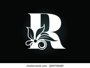 Floral monogram letter R. Initial alphabet with botanical elements. Font emblem. Vector illustration for wedding invitations, greeting cards, logos, posters, and other designs.