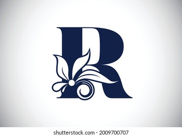Monograma floral R. Alfabeto inicial con elementos botánicos. emblema de letra. Ilustración vectorial para invitaciones de boda, tarjetas de felicitación, logotipos, afiches y otros diseños.