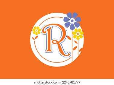Floral monogram letter R. Initial alphabet with botanical elements. Floral alphabet vector design