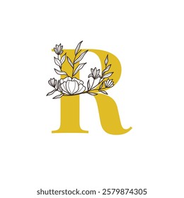 Floral Monogram Letter R with Minimalist Design