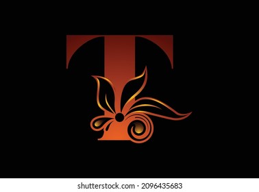 Letra T del monograma floral. Alfabeto inicial con elementos botánicos. emblema de letra. Ilustración vectorial para invitaciones de boda, tarjetas de felicitación, logotipos, afiches y otros diseños.