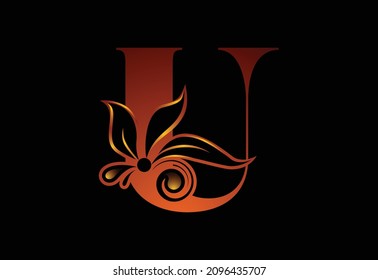 Letra U del monograma floral. Alfabeto inicial con elementos botánicos. emblema de letra. Ilustración vectorial para invitaciones de boda, tarjetas de felicitación, logotipos, afiches y otros diseños.