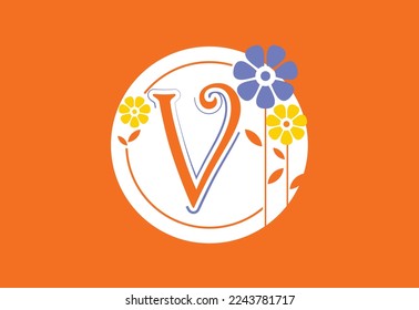 Floral monogram letter V. Initial alphabet with botanical elements. Floral alphabet vector design
