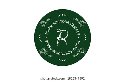 Floral monogram for postcards, invitations, menus, labels. Exquisite graphic design of a page, business sign, boutique, hotel, cafe. Logo on a green background with the letter R.