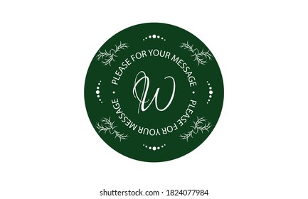 Monograma floral para postales, invitaciones, menús, etiquetas. Exquisito diseño gráfico de una página, anuncio de negocios, boutique, hotel, café. Logo sobre fondo verde con la letra W.