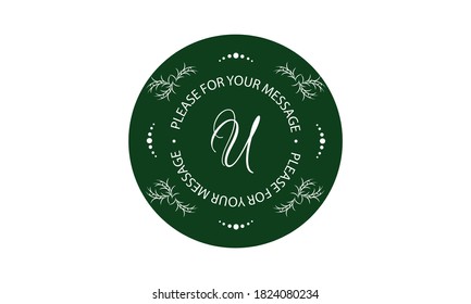 Floral monogram for postcards, invitations, menus, labels. Exquisite graphic design of a page, business sign, boutique, hotel, cafe. Logo on a green background with the letter U.
