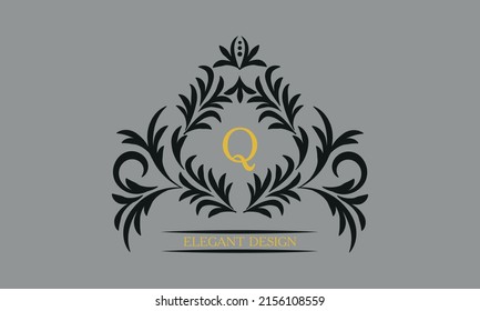 Floral monogram for postcards, invitations, menus, labels with the letter Q. Graphic design of pages, business sign, boutiques, cafes, hotels. Classic design elements for wedding invitations.