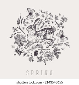 Floral monogram with rabbit and butterflies. Greeting Easter card. Little garden. Black and white.