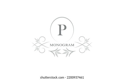Floral monogram template and letter P. Template for cards, invitations, menus, labels. Graphic design of pages, business signs, boutiques, cafes, hotels.