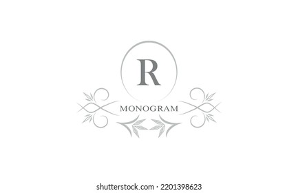 Plantilla de monograma floral y letra R. Plantilla para tarjetas, invitaciones, menús, etiquetas. Diseño gráfico de páginas, carteles de negocios, boutiques, cafés, hoteles.