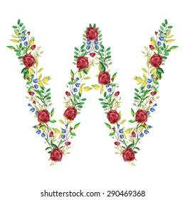 floral monogram W painted with watercolor