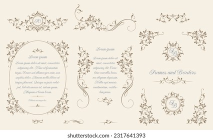 Floral monograms and borders, frames for cards, invitations, menus, labels.  Classic ornament. Graphic design pages. Leafy border with calligraphic elements.