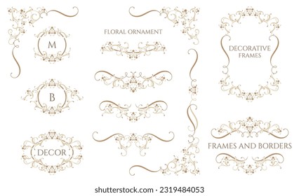 Floral monograms and borders, frames for cards, invitations, menus, labels.  Classic ornament. Graphic design pages.