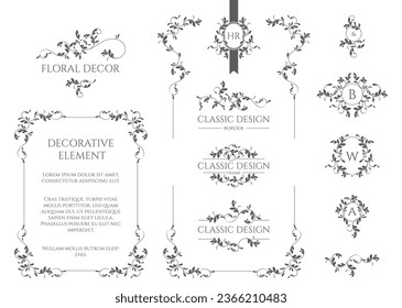 Floral monograms and borders, frames for cards, invitations, menus, labels. Classic ornament. Graphic design pages.