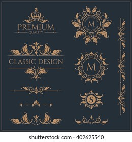 Floral monograms and borders, frames for cards, invitations, menus, labels. Graphic design pages, business sign, boutiques, cafes, hotels. Classic design elements for wedding invitations. 