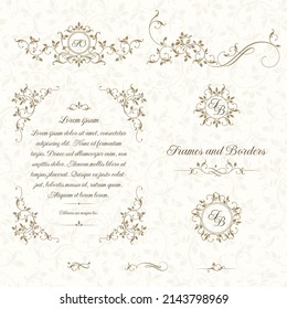 Floral monograms and borders, frames, seamless pattern for cards, invitations, menus, labels.  Classic ornament. Graphic design pages, business sign, boutiques, cafes, hotels. Leafy border with callig